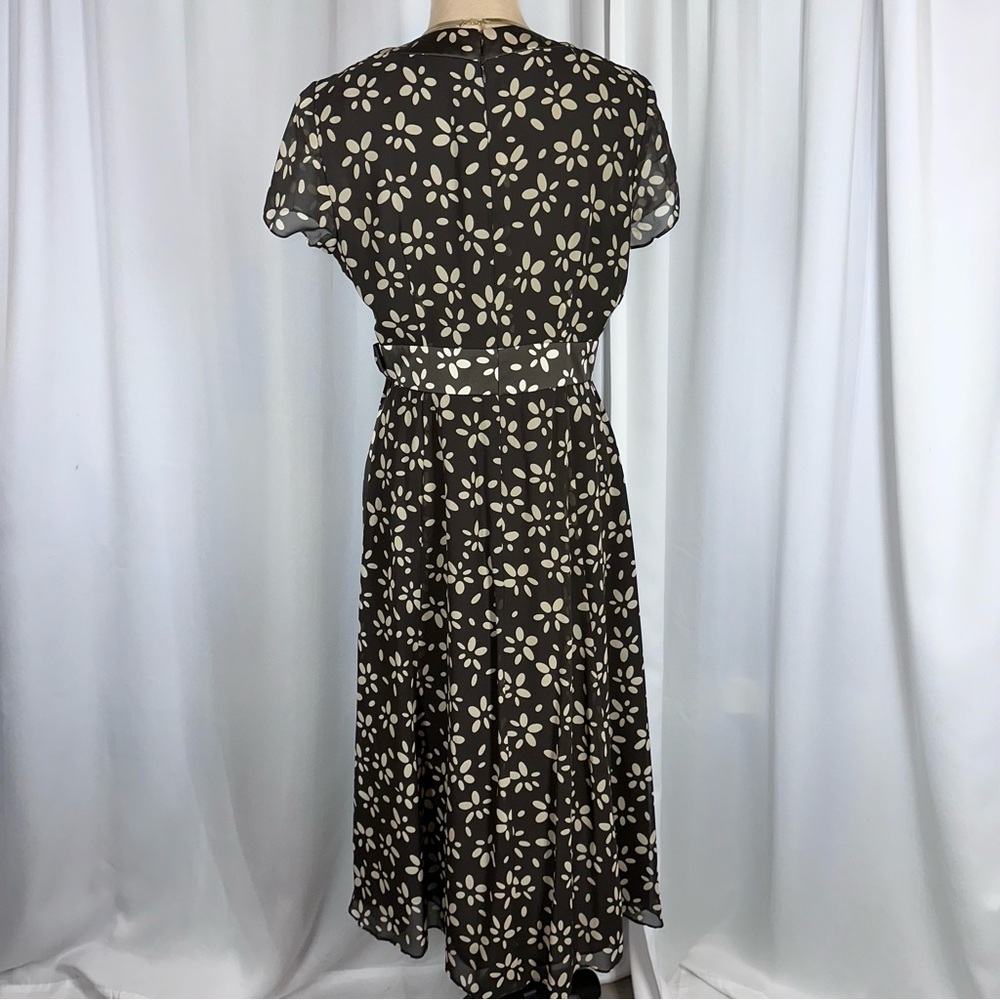 Talbots Vintage Pure Silk Midi Dress Sz 6 Brown Tan Faux Wrap‎ Bow Detail EUC - Picture 2 of 15